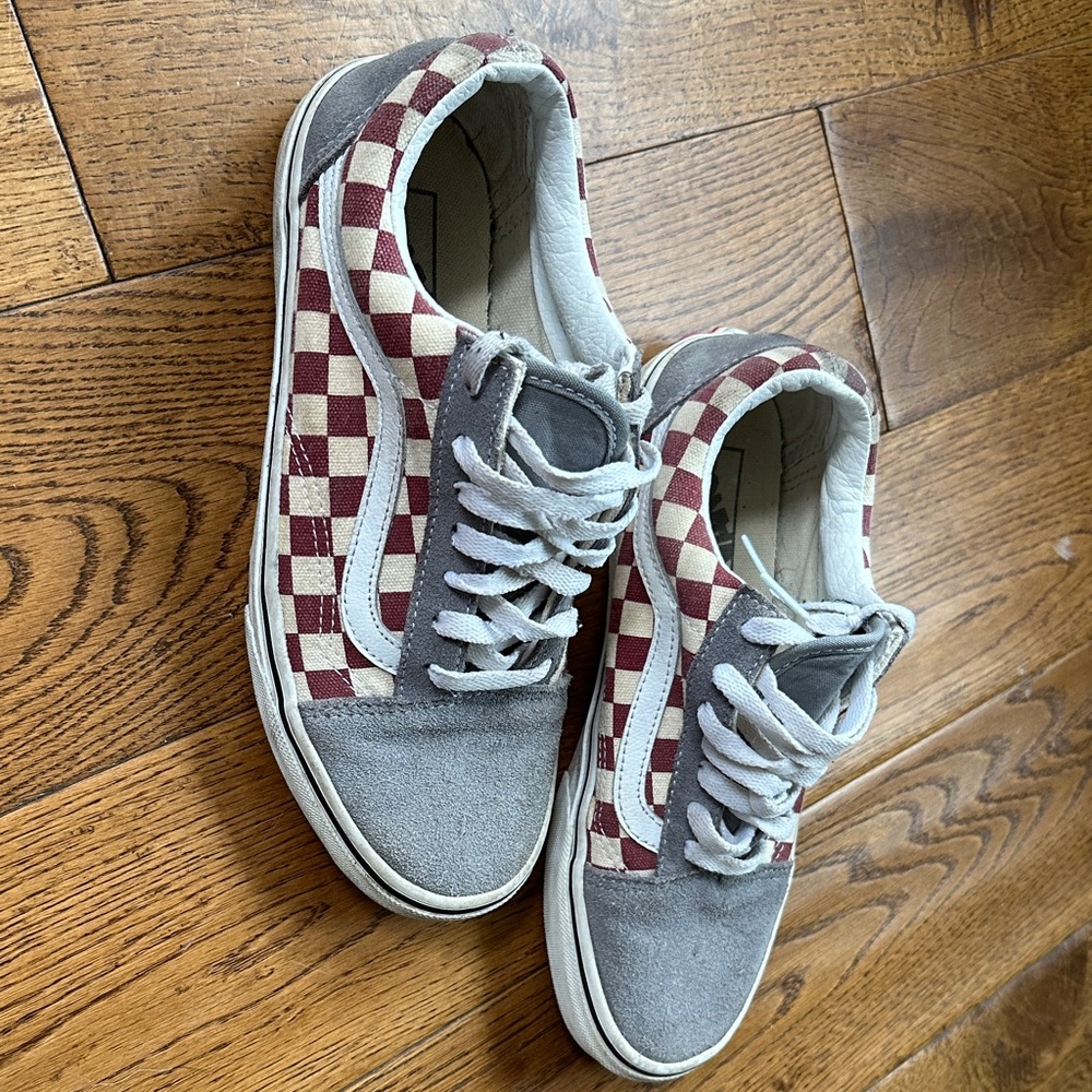 Unisex Vans Red and White Checkerboard Sneakers with Gray Suede